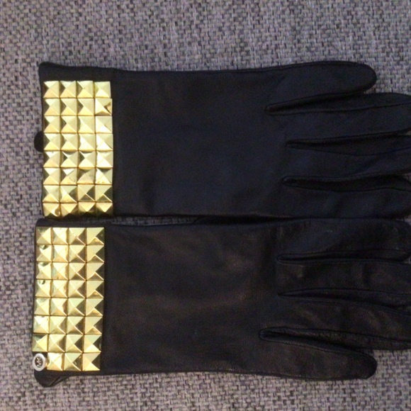 MICHAEL KORS Black Leather Gloves with Gold Decoration Size L - Picture 3 of 4